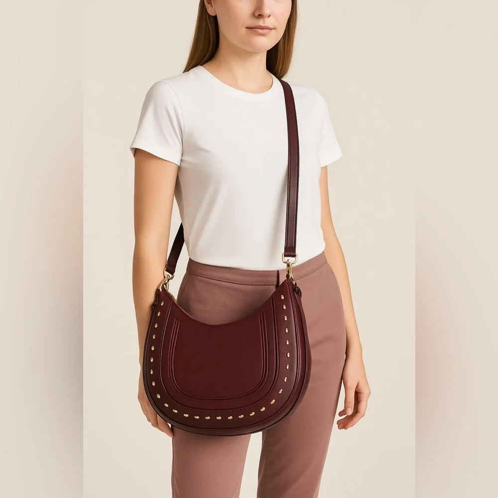 INC International Concepts Burgundy Studded Hobo Crossbody Bag‎